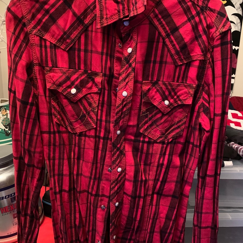 True Religion Jeans Long Sleeve Black and Red Plaid Shirt